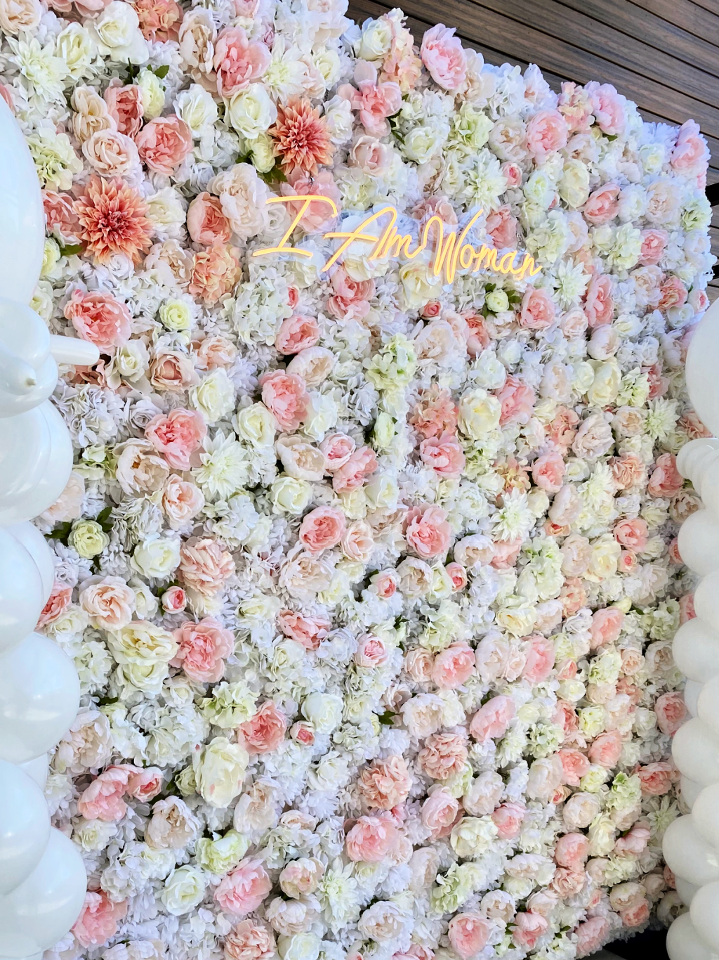 flower wall, white flowers, cream flowers, pink flowers